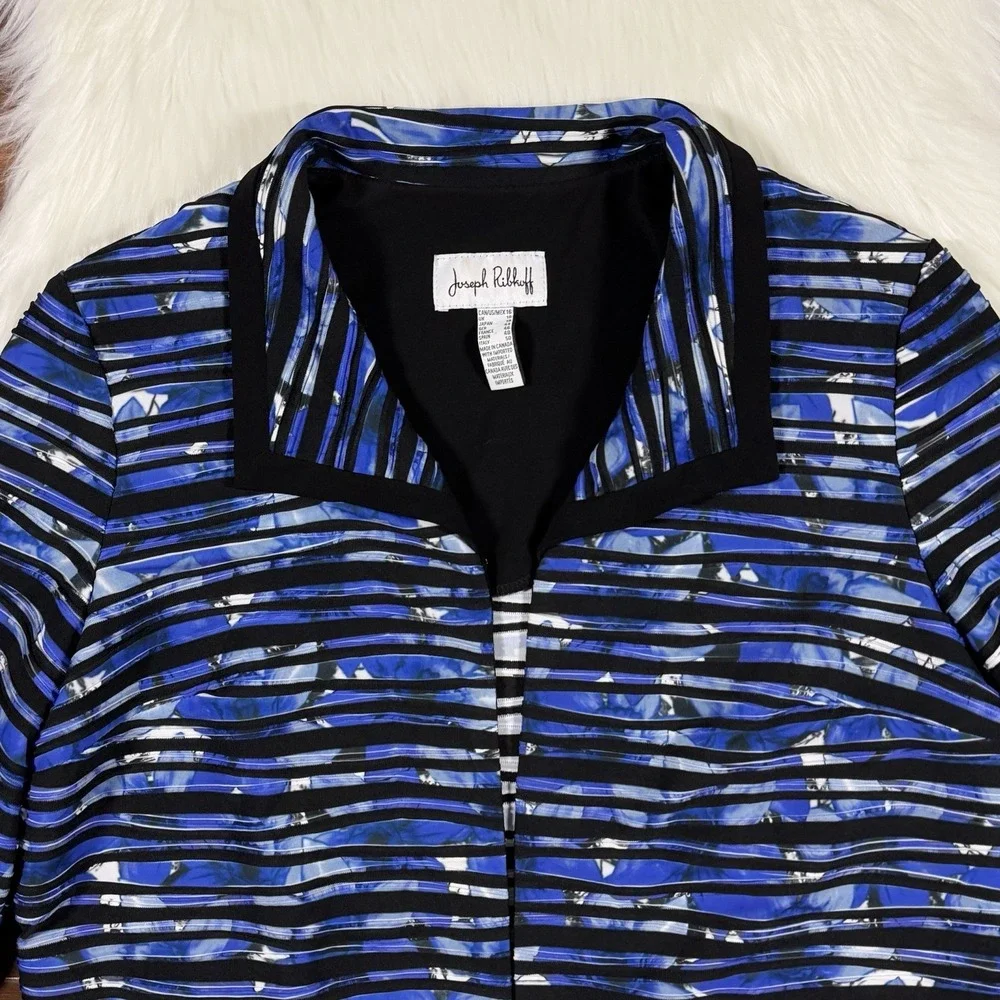 Joseph Ribkoff Women's Size 16 Blue‎ and Black Open Front Cardigan Blazer Jacket